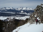 The crux of the descent, with the Sawtooths in the background.