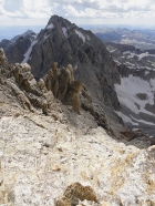 Looking down the descent gully, Middle Teton in the background.