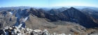 The view southeast from the summit of Hyndman Peak, highlighted by Old Hyndman and Cobb Peak. Big Basin Peak is to the left of Old Hyndman, with The Box further down the crest. To the right of Old Hyndman is McIntyre Peak, then Jacqueline Peak, then Grays Peak further off in the distance.