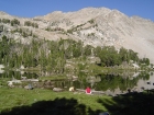The fellas getting ready for a day of fishing, and a view of Lonesome Peak (11302') from our campsite at Hummock Lake.